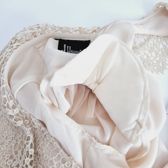 Vintage J.Harris 80s Wrap Lace Chiffon Pearls Romantic Long Sleeve Midi Dress - Picture 12 of 16